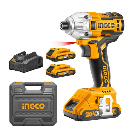 Ingco 6.35mm Brushless Lithium-Ion Cordless Impact Driver with Two 20V 2.0Ah Batteries & Charger - CIRLI2017 Auto Supply Master