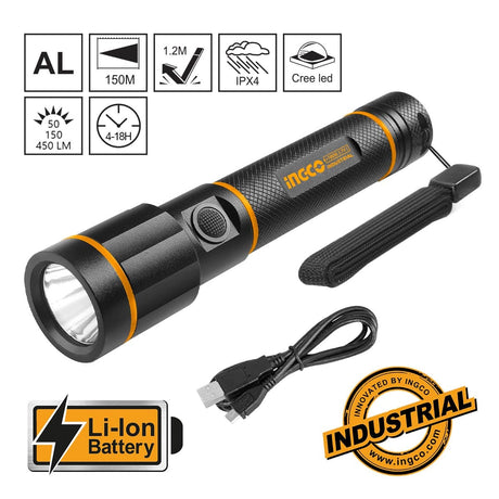 Ingco Waterproof Rechargeable LED Flashlight 450 Lumens - HCFL1865051 Auto Supply Master