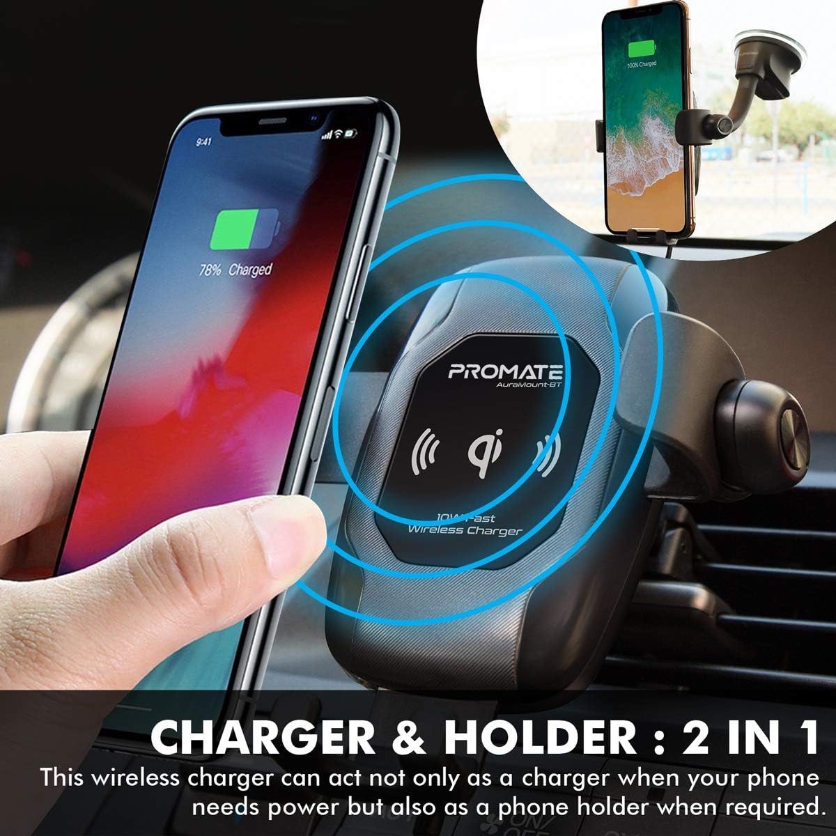 Promate 10W Qi Wireless Car Charger Phone Mount with Auto Clamp - AuraMount-BT Auto Supply Master