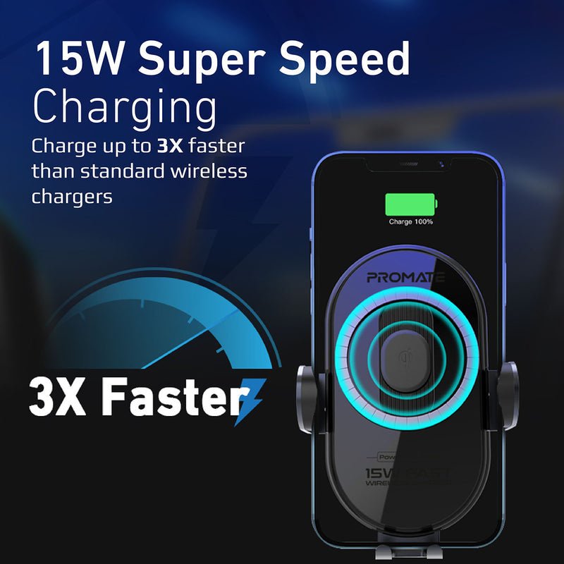 Promate 15W Smart Sensor Car Wireless Charger - PowerMount-15W Auto Supply Master