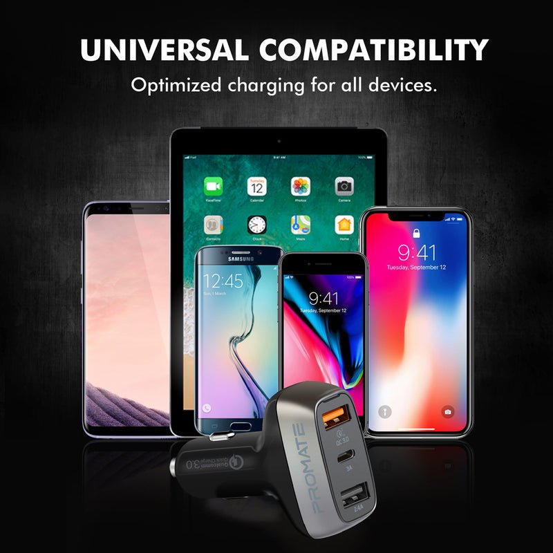 Promate 30W Car Charger with QC3.0 and 3A USB-C Port - Scud-30 Auto Supply Master