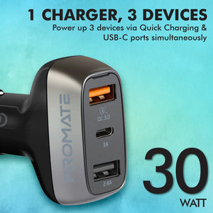 Promate 30W Car Charger with QC3.0 and 3A USB-C Port - Scud-30 Auto Supply Master