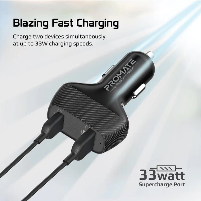 Promate 33W High Speed Dual USB Car Charger - DriveGear-33 Auto Supply Master