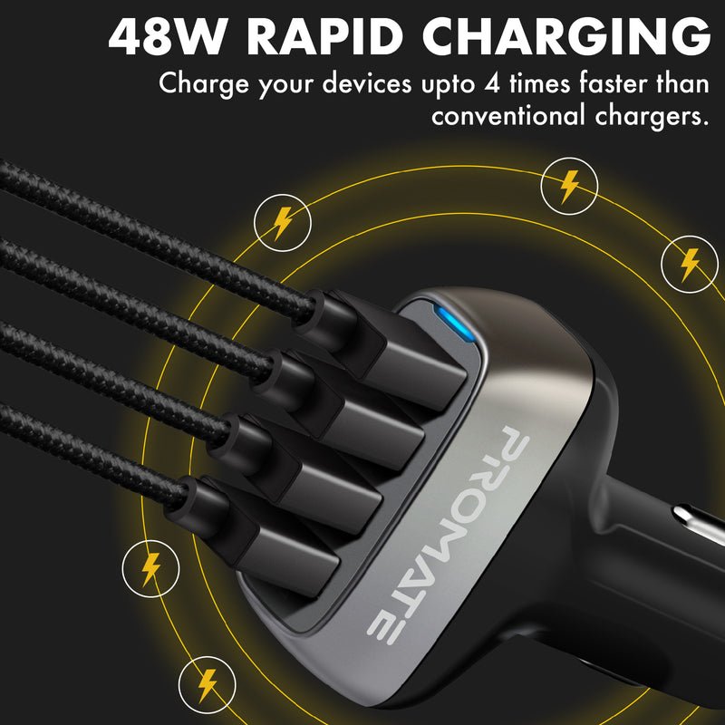 Promate 48W Fast Charging 4-Port Rapid USB Car Charger - Scud-48 Auto Supply Master