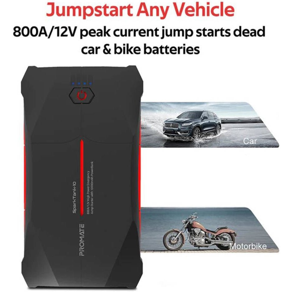 Promate 800A/12V Car Jump Starter with 10000mAh Power Bank - SparkTank-10 Auto Supply Master