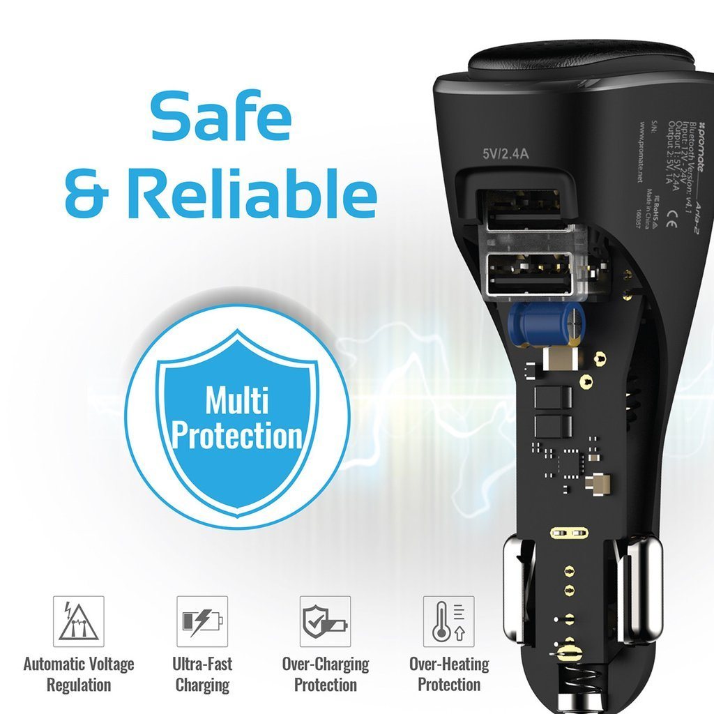 Promate Bluetooth Headset with Dual USB Car Charger - Aria-2 Auto Supply Master