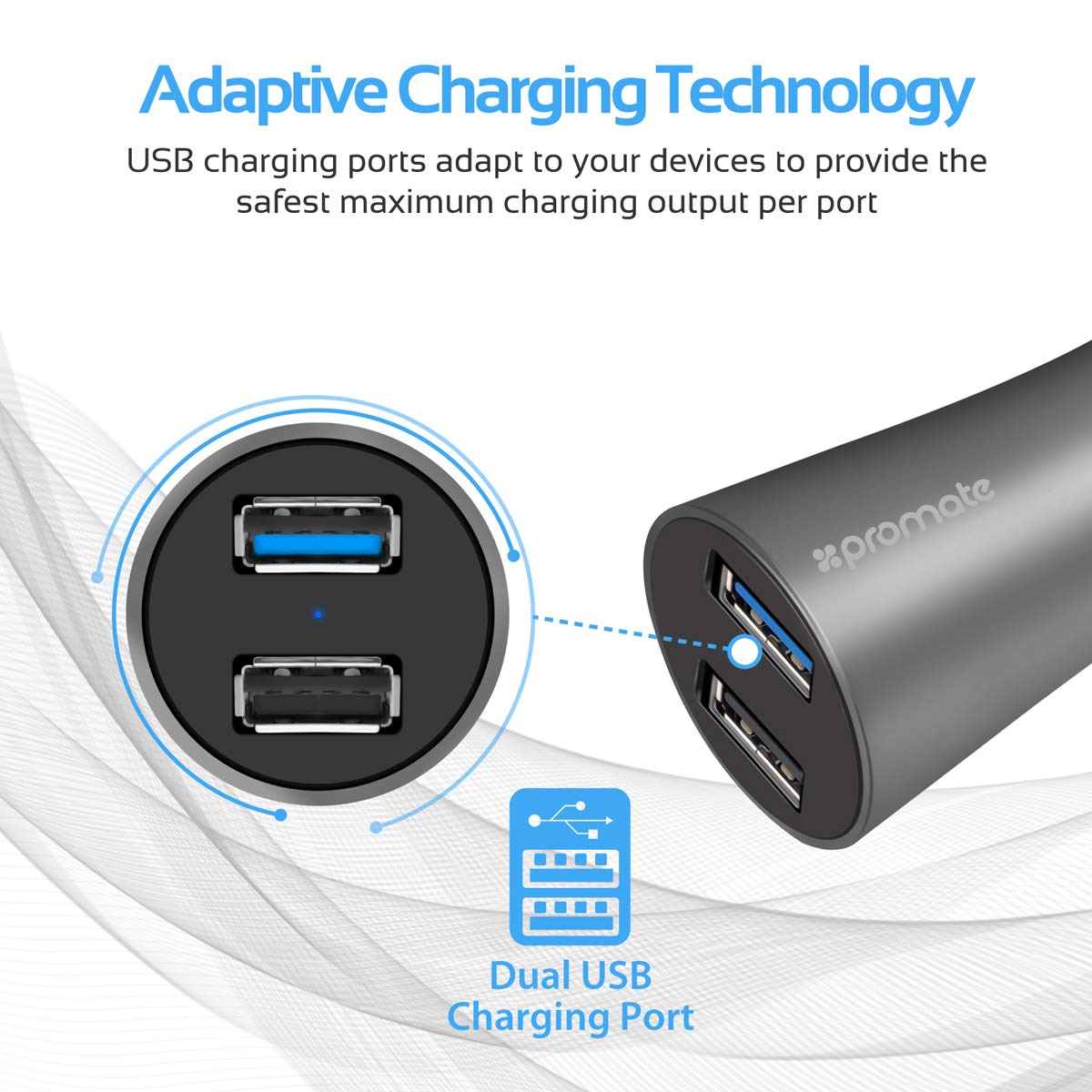 Promate Fast 3.0 Dual USB Port Car Charger - Robust-QC3 Auto Supply Master