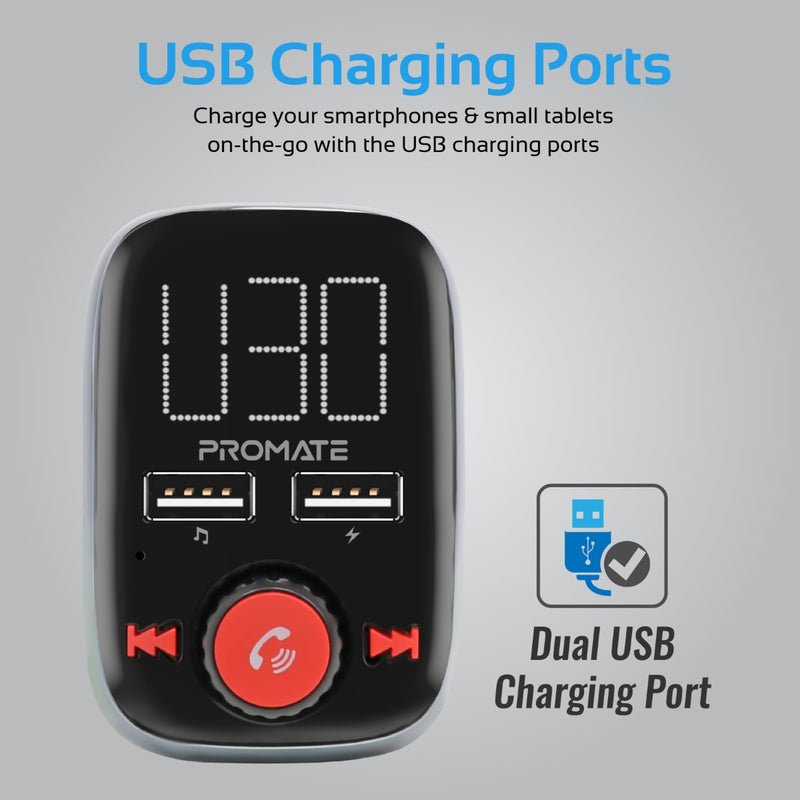 Promate Wireless In-Car FM Transmitter With Dual USB Charging Ports - SmarTune-3 Auto Supply Master