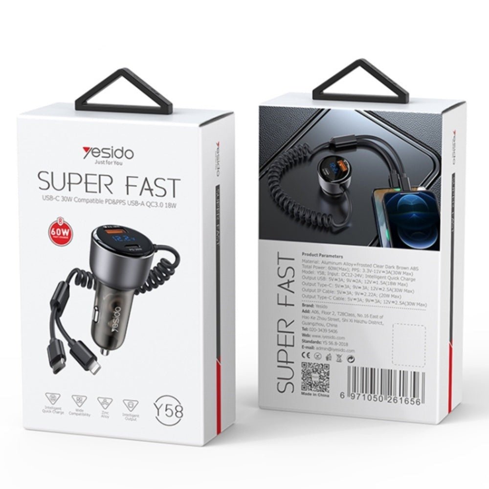 Yesido 60W Fast Charging Car Charger - Y58 Auto Supply Master